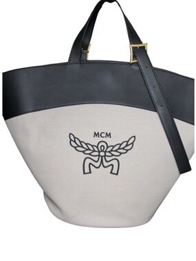 MCM Lauretos Logo Canvas Shopper Tote Bag NWT Black Leather Trim Large